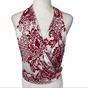 Floral sparkly halter top, Monaco ladies large red & white sequin surplice